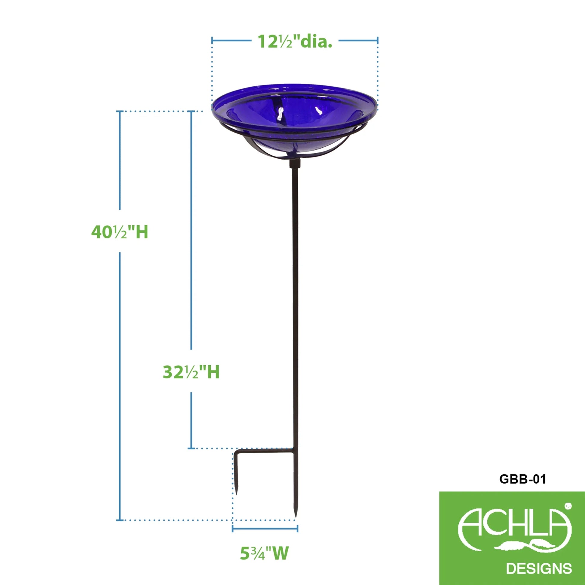 Achla Designs 12 In Hand Blown Crackle Glass Birdbath w/Stake, Cobalt Blue