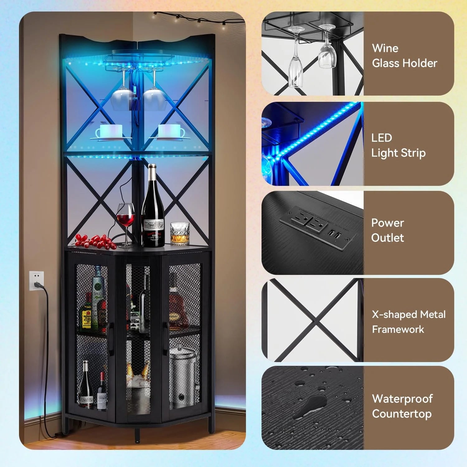 EROMMY Corner Bar Cabinet with Power Outlet, 5-Tiers Wine Bar Cabinet with LED Light and Glass Holder, Industrial Home Bar for Dining Room, Living Room, Kitchen, Modern Black