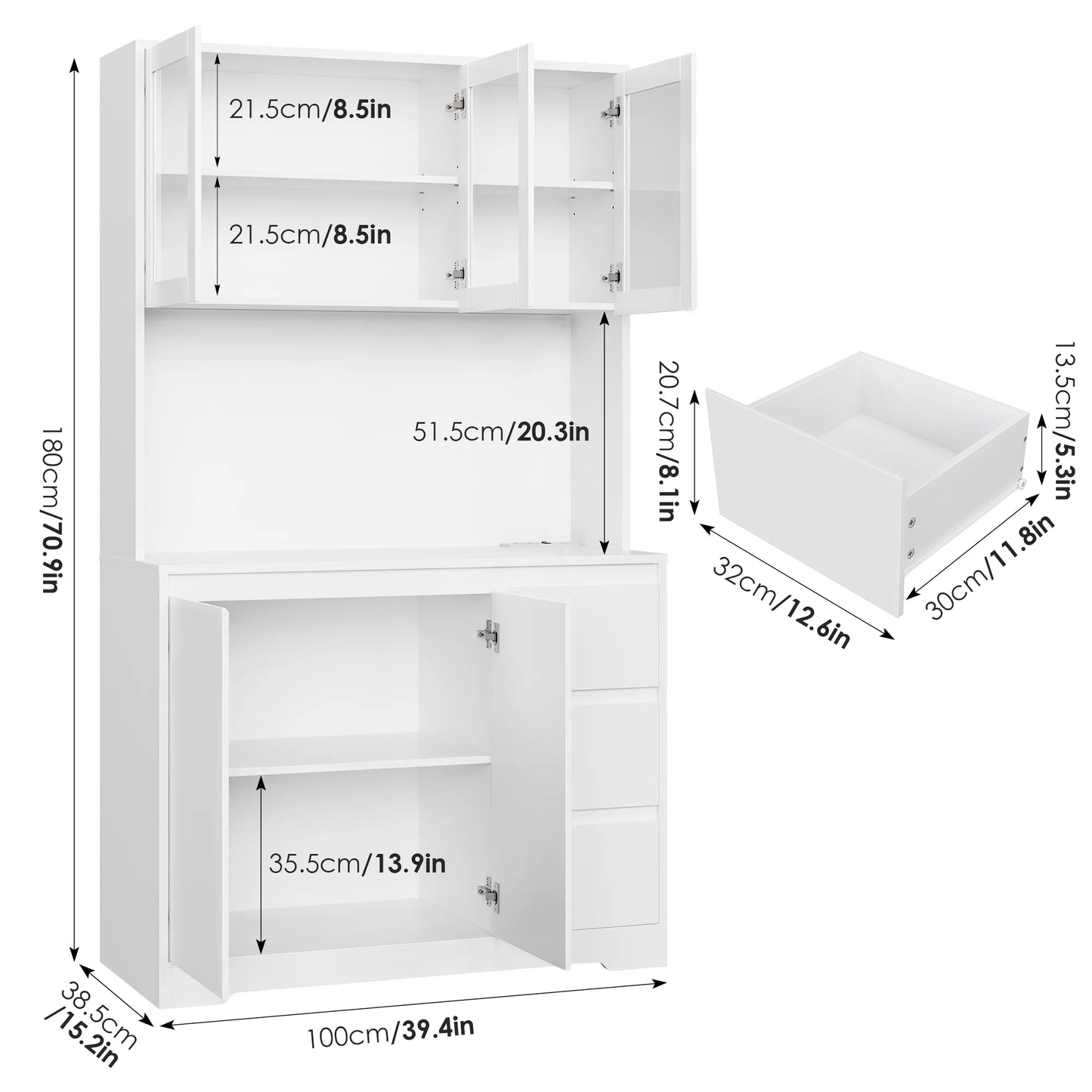 Homfa 70.9'' Kitchen Pantry Cabinet with Charging Station and LED Light, 3 Drawers Buffet Storage Cabinet with Glass Doors and Adjustable Shelves, White