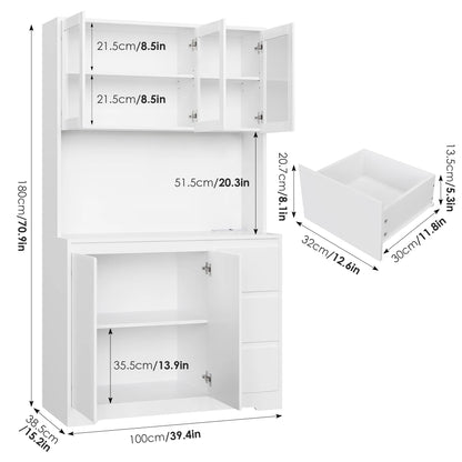 Homfa 70.9'' Kitchen Pantry Cabinet with Charging Station and LED Light, 3 Drawers Buffet Storage Cabinet with Glass Doors and Adjustable Shelves, White