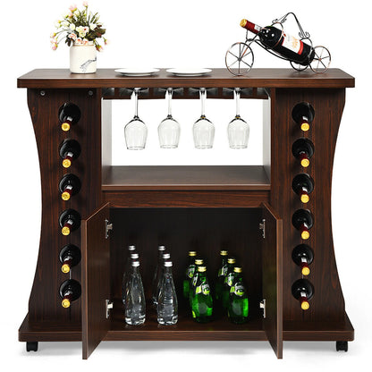 Gymax Rolling Buffet Sideboard Wooden Bar Storage Cabinet w/Wine Rack & Glass Holder