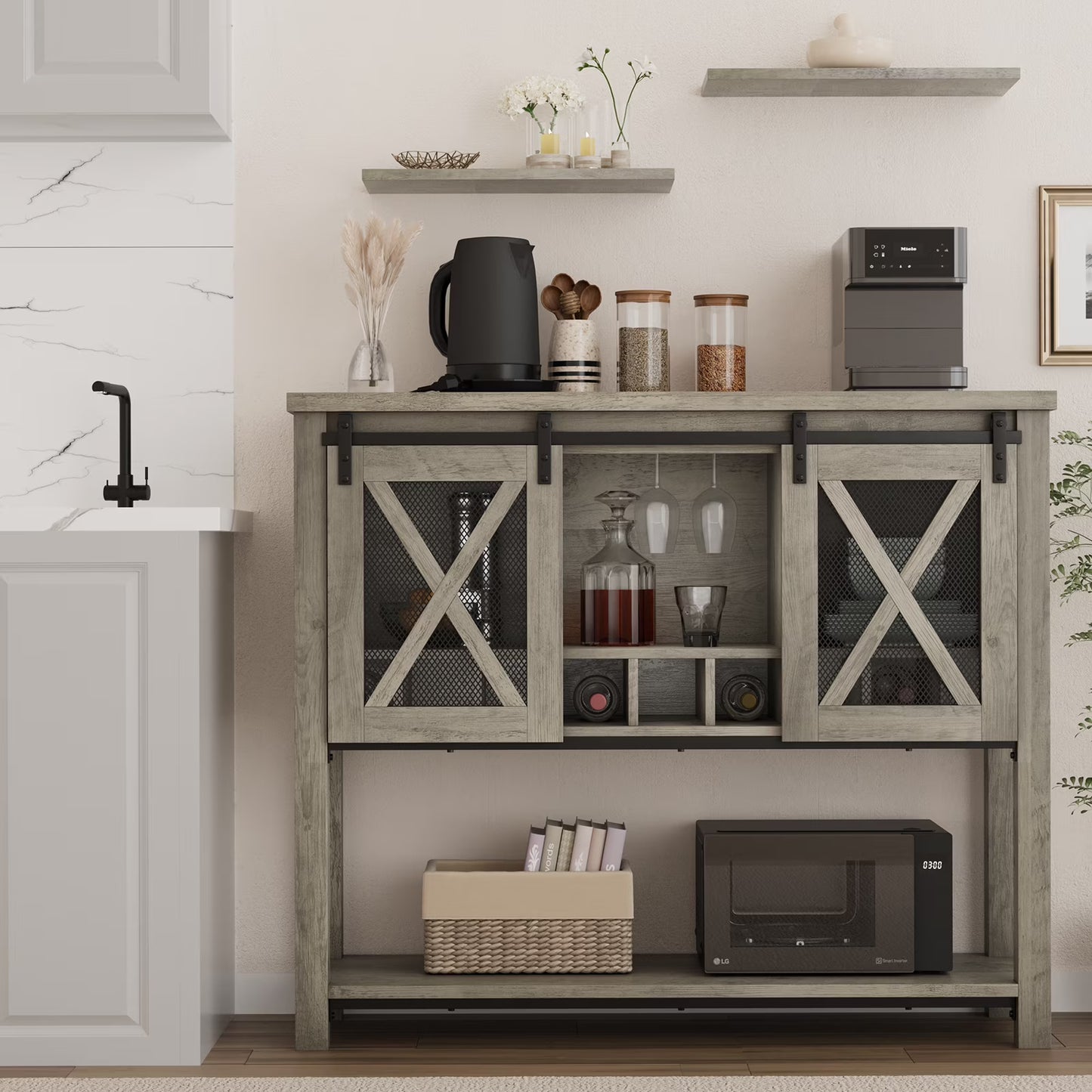 WhizMax Buffet Storage Cabinet, Wine Cabinet Coffee Bar Table with Wine Glass Rack, Farmhouse Wood Buffets and Sideboards with Storage and Barn Mesh Door for Kitchen, Dinning, Living Room