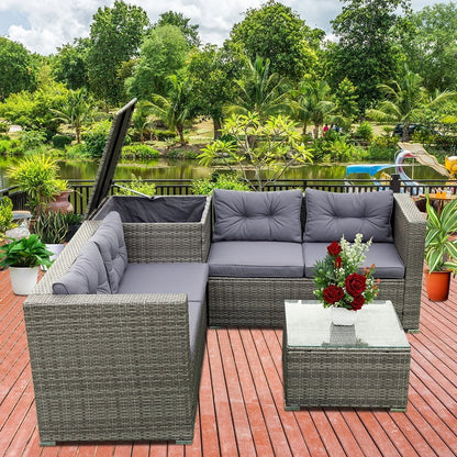 UHOMEPRO 4-Piece Rattan Patio Furniture Sets, All-Weather PE Wicker Patio Conversation Set with Storage Box, Glass Coffee Table, Outdoor Sectional Sofa Set for Backyard Patio Garden Poolside, Gray