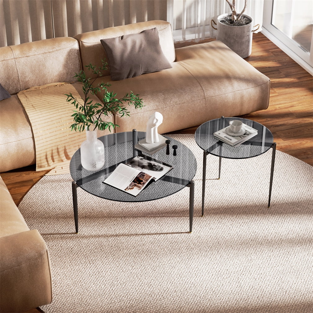 Wisfor Round Tempered Glass Table Coffee Table Steel Novelty Legs for Bedroom Living Room, Gray