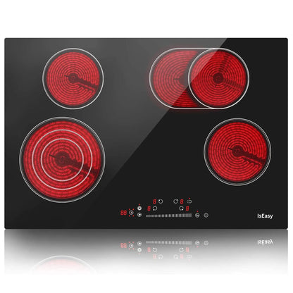 IsEasy Electric Ceramic Cooktop, 30" 4 Burners Built-in Countertop Burners Cooker Satin Glass in Black Touch Sensor Control, Timer, Child Safety Lock, 9 Power Levels, 220-240V 7200W