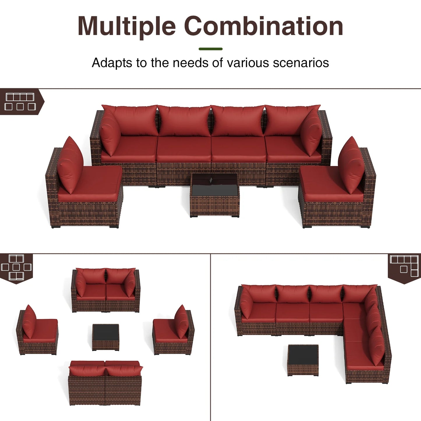 ELPOSUN 7 Pieces Patio Furniture Set All Weather Outdoor Sectional Sofa, Outdoor Modern Sectional Furniture Wicker Couch with Glass Coffee Table, Thicken Red Cushions, Water Resistant