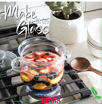 Simax Glassware 1.5 Quart Glass Pot With Lid | Heat Resistant Handles – Doubles as Serving Dish - Made from Oven, Microwave, Stove and Dishwasher Safe Borosilicate Glass – Small Glass Pot