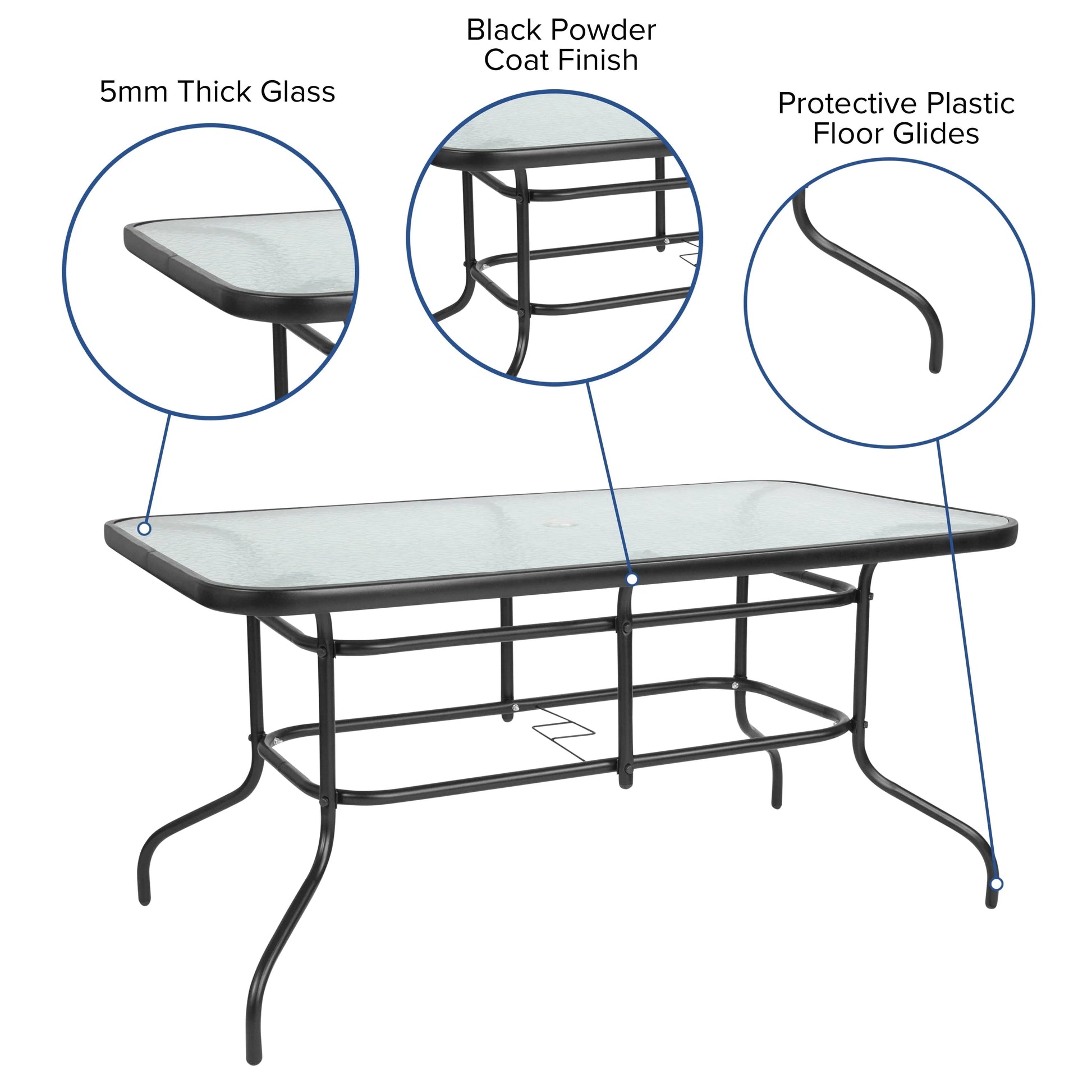 Emma + Oliver 7 Piece Patio Table & Chairs Set with 31.5"x55" Rectangular Metal Table with Tempered Glass Top and 6 Black Aluminum Stacking Chairs