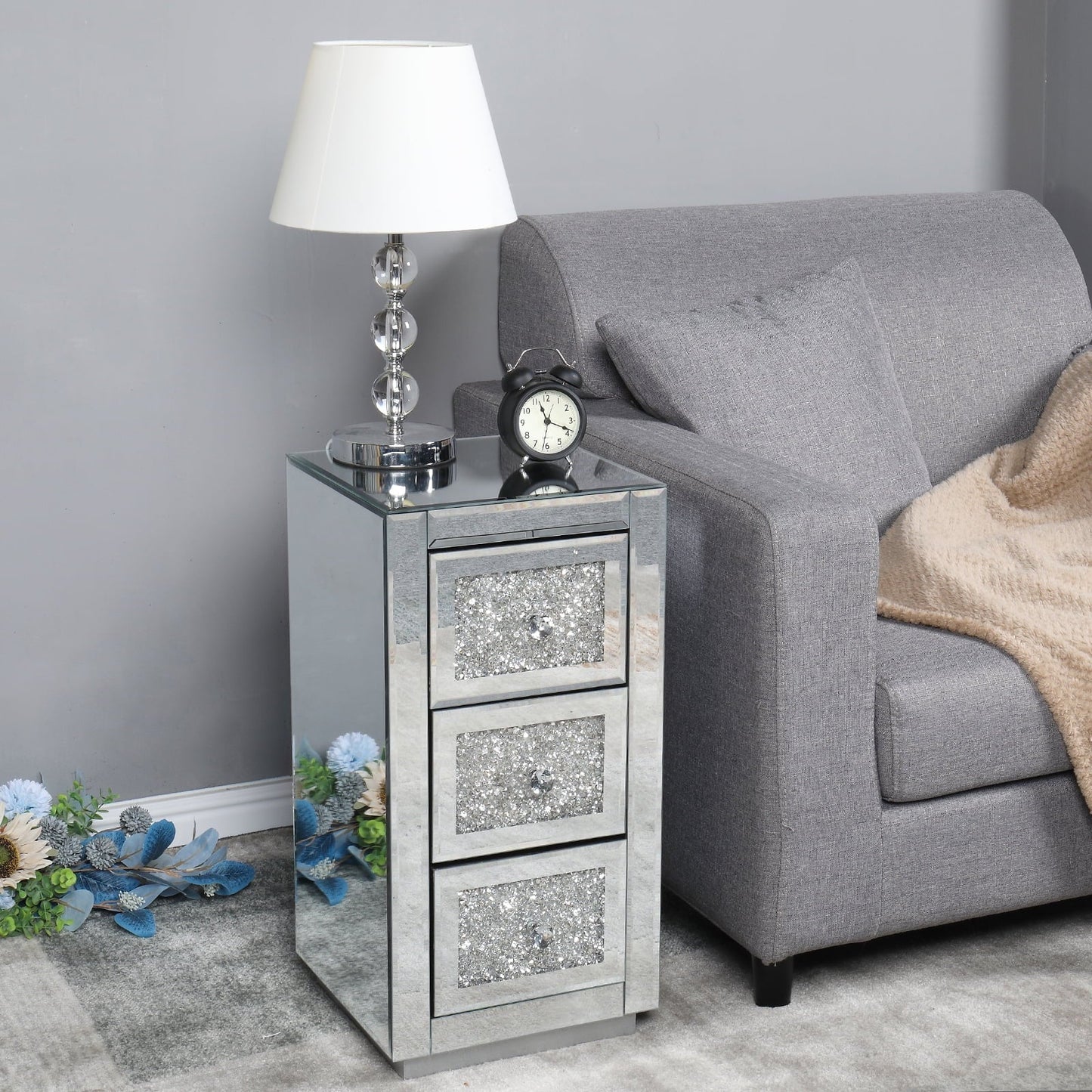 Zimtown Mirrored Glass 3-Drawers Nightstand Bedside Table Storage Bedroom