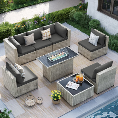 MRUAKA 8 Pieces Patio Furniture Set with Fire Pit Table, Outdoor Furniture Sectional Rattan Sofa with Slanted Back, Patio Couch with Glass Coffee Table for Backyard Garden (Dark Grey)