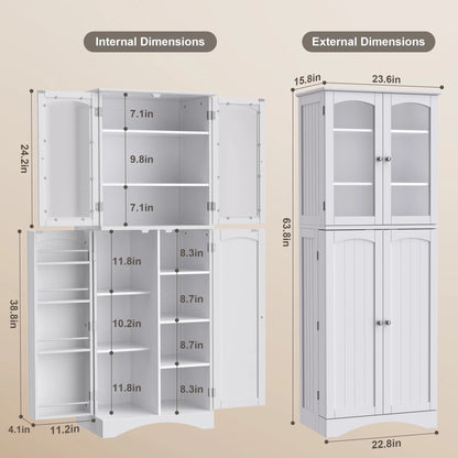 Lofka Kitchen Food Pantry Cabinet, 64" Tall Storage Cabinet with Frosted Glass Doors and Adjustable Shelves, White
