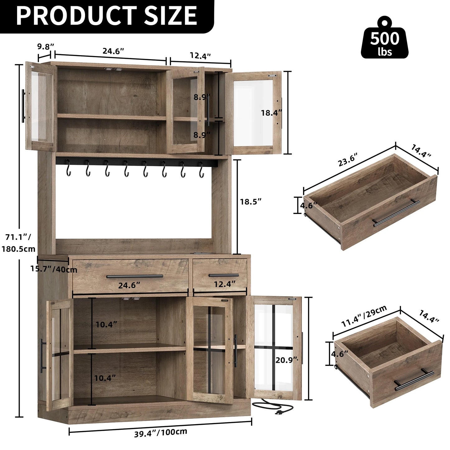 Dextrus 71" Tall Kitchen Pantry Storage Cabinet with Power Outlet, Freestanding Cupboard Storage Buffet Hutch with Microwave Stand, Storage Pantry with Drawers & Glass Doors, Brown