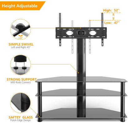 RTVR Modern 3-in-1 Flat Panel TV Stand for TVs up to 75 inch, Black Glass Shelves Table with Swivel Mount