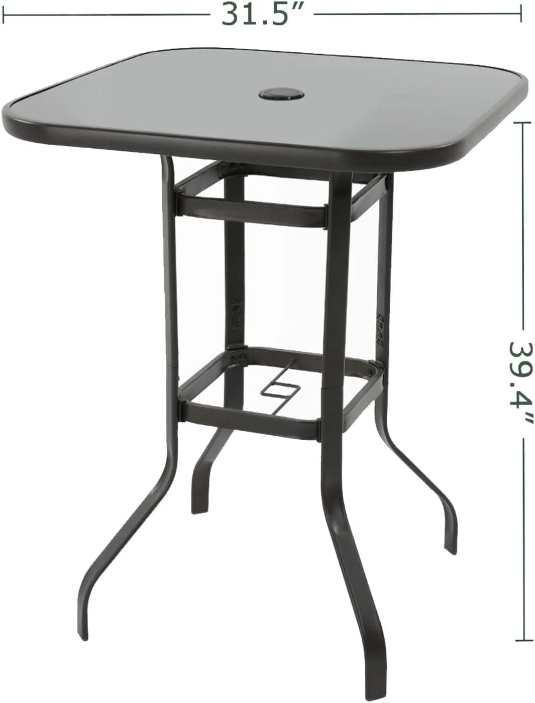 Poteban Patio Bar Height Table with Umbrella Hole, 2-Tier High Top Outdoor Bistro Table, Square Tempered Glass Metal Table for Patio, Lawn, Bar