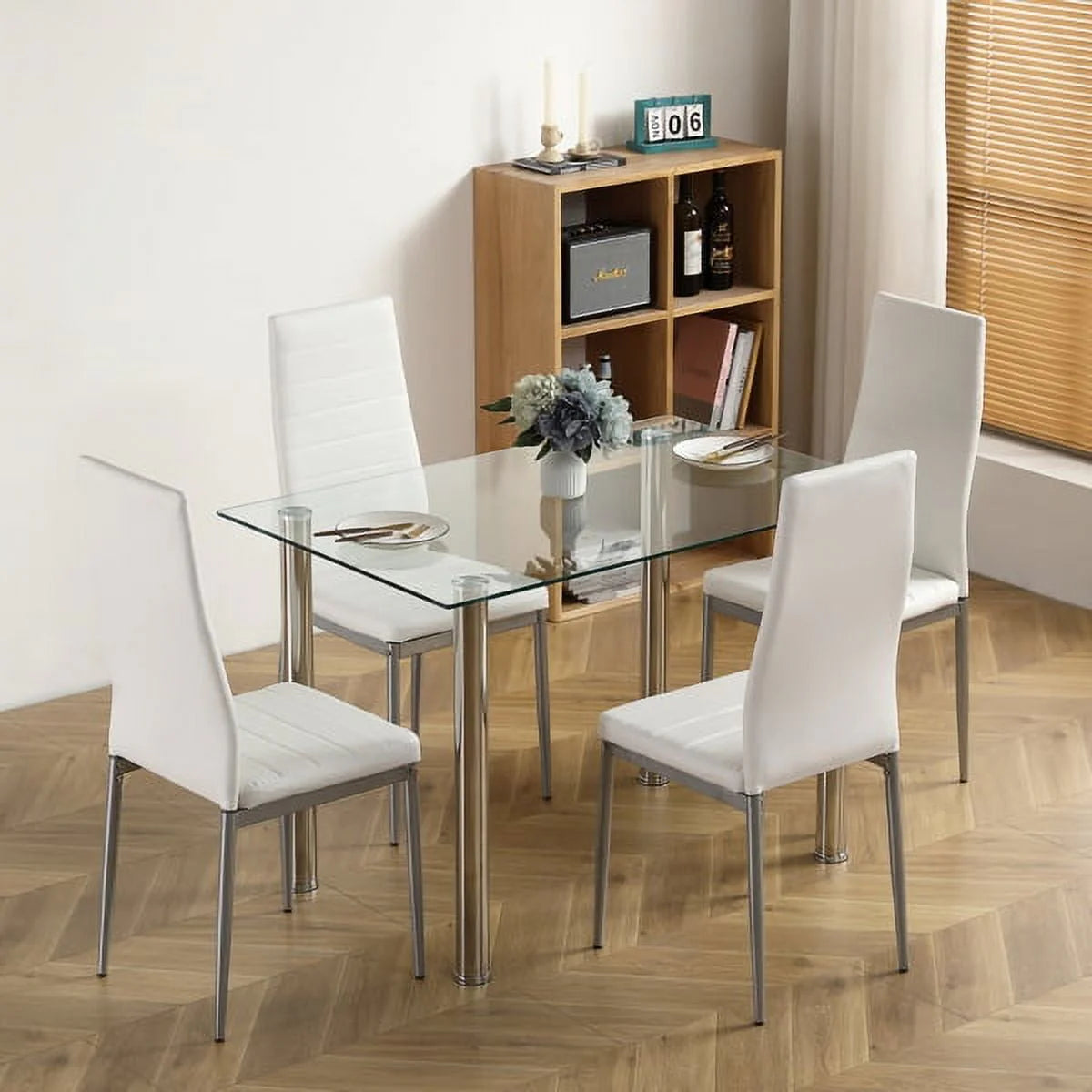 4-seat Simple 日ectangular Cylindrical Leg Table Tempered Glass Stainless Steel Clear Glass 110 * 70 * 75cm