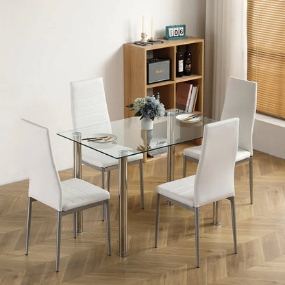 4-seat Simple 日ectangular Cylindrical Leg Table Tempered Glass Stainless Steel Clear Glass 110 * 70 * 75cm