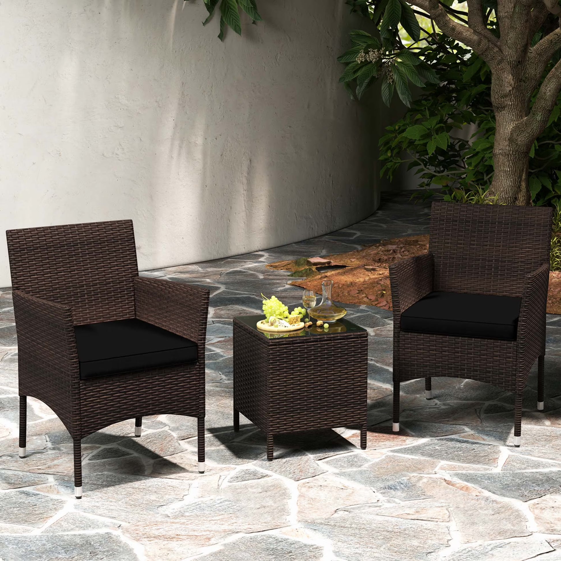 Costway 3 PCS Outdoor Conversation Set with Cushioned Seat & Tempered Glass Tabletop Beige