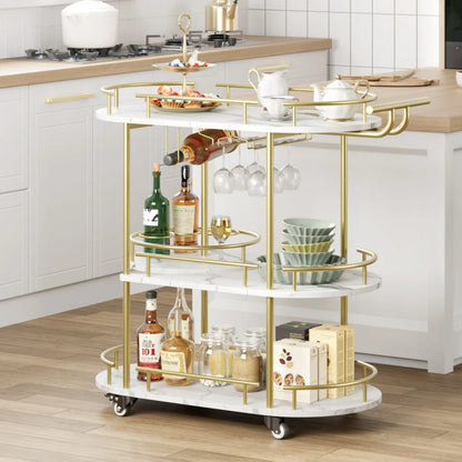 Garvee Bar Serving Cart, 3-Tier Storage Shelves & Wine Rack and Glass Holder, Golden & White