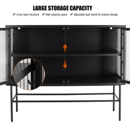 CoSoTower Double Tampered Glass Door Storage Cabinet with Adjustable Shelf and Feet Cold-Rolled Steel Tempered Glass Sideboard Furniture for Living Room Kitchen Black Color
