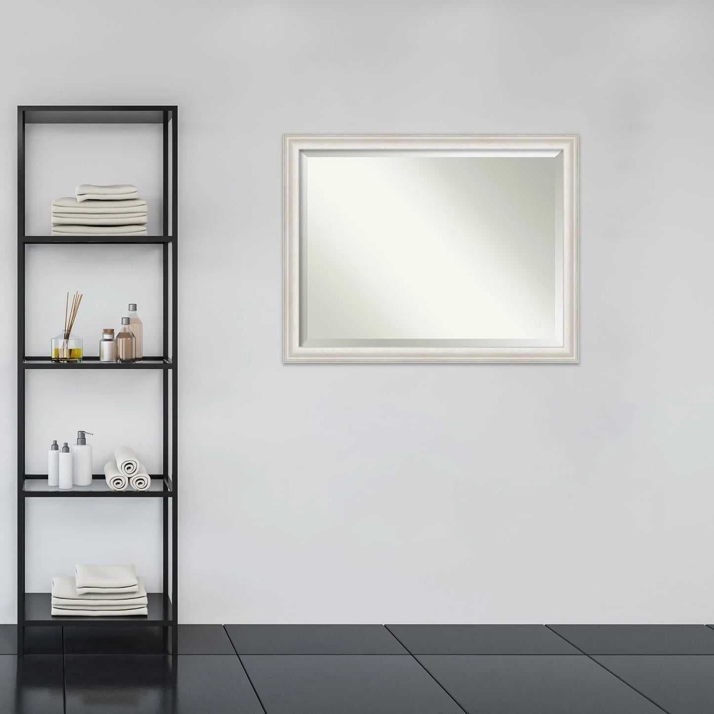 Amanti Art Wall Mounted Framed Vanity Mirror, Glass Size 40x30, Trio White Wash Silver