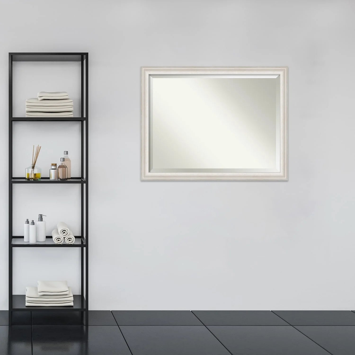 Amanti Art Wall Mounted Framed Vanity Mirror, Glass Size 40x30, Trio White Wash Silver