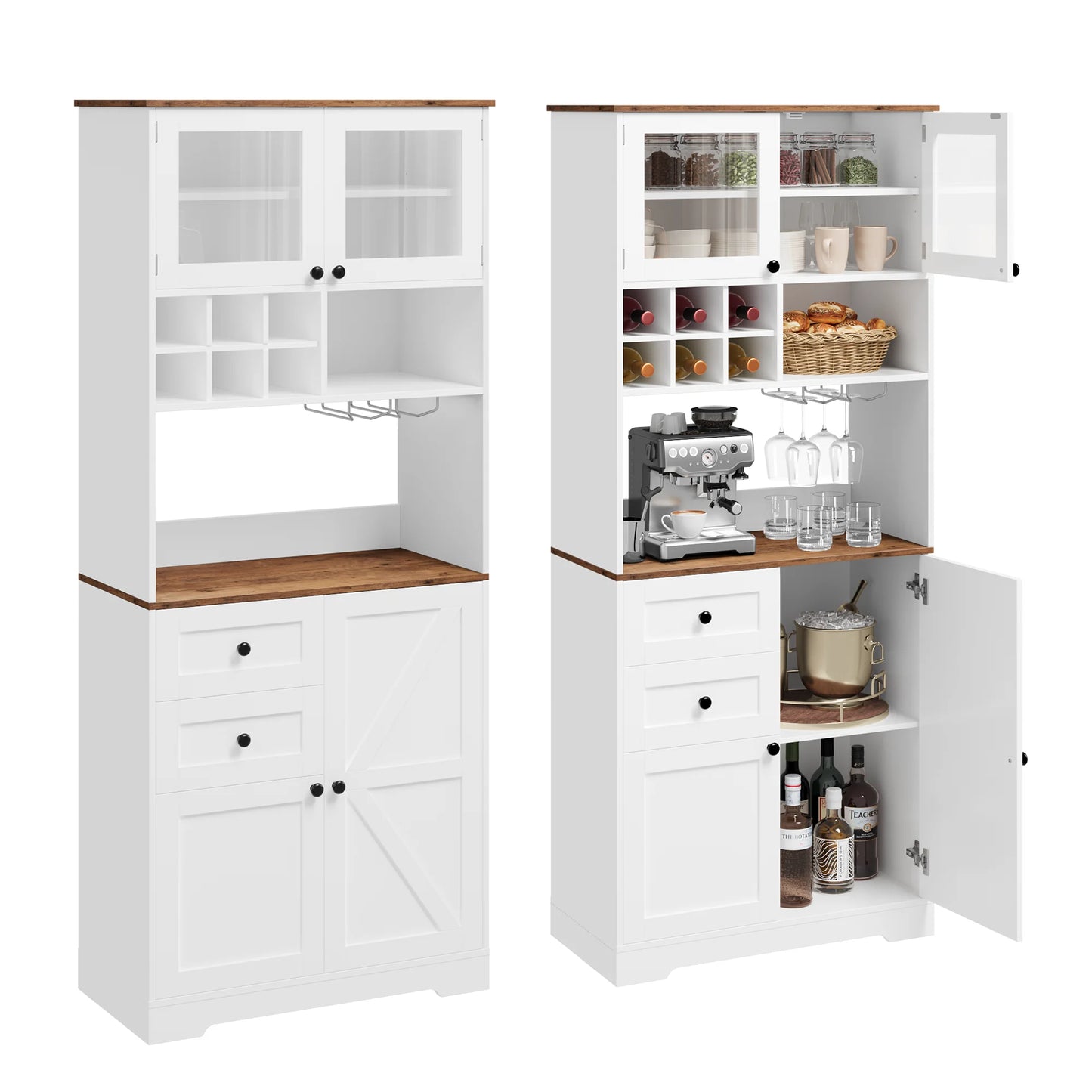 Homfa 75.2'' Kitchen Pantry Storage Cabinet with Wine Rack & Adjustable Shelf, 2 Drawer Modern Farmhouse Buffet with Glass Door for Dining Room Living Room, Black