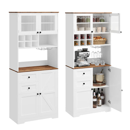Homfa 75.2'' Kitchen Pantry Storage Cabinet with Wine Rack & Adjustable Shelf, 2 Drawer Modern Farmhouse Buffet with Glass Door for Dining Room Living Room, Black