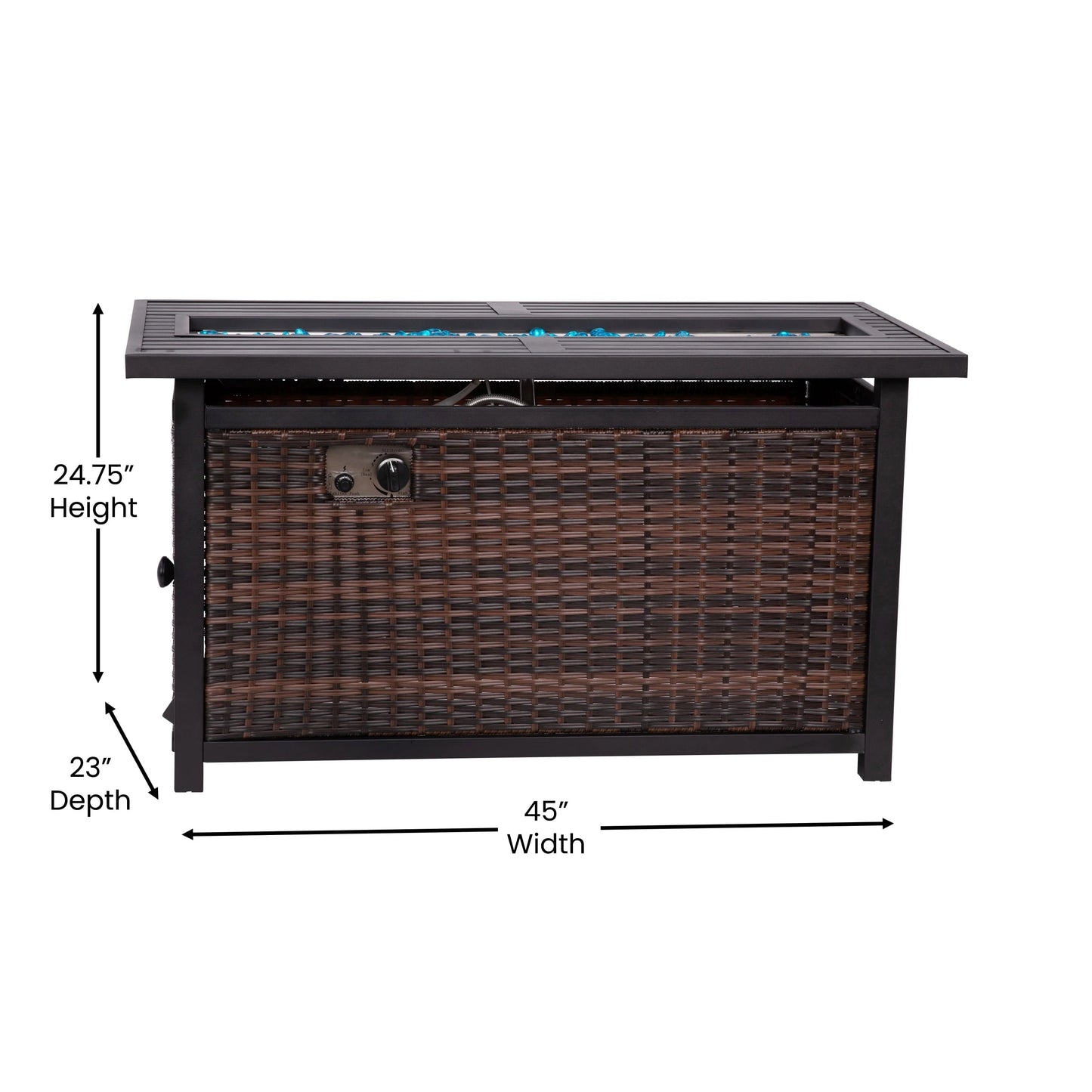 Flash Furniture Olympia 45" x 25" Outdoor Propane Gas 50,000 BTU Fire Pit Table with Stainless Steel Tabletop, Lid, Glass Beads, Wicker Base-Espresso/Black