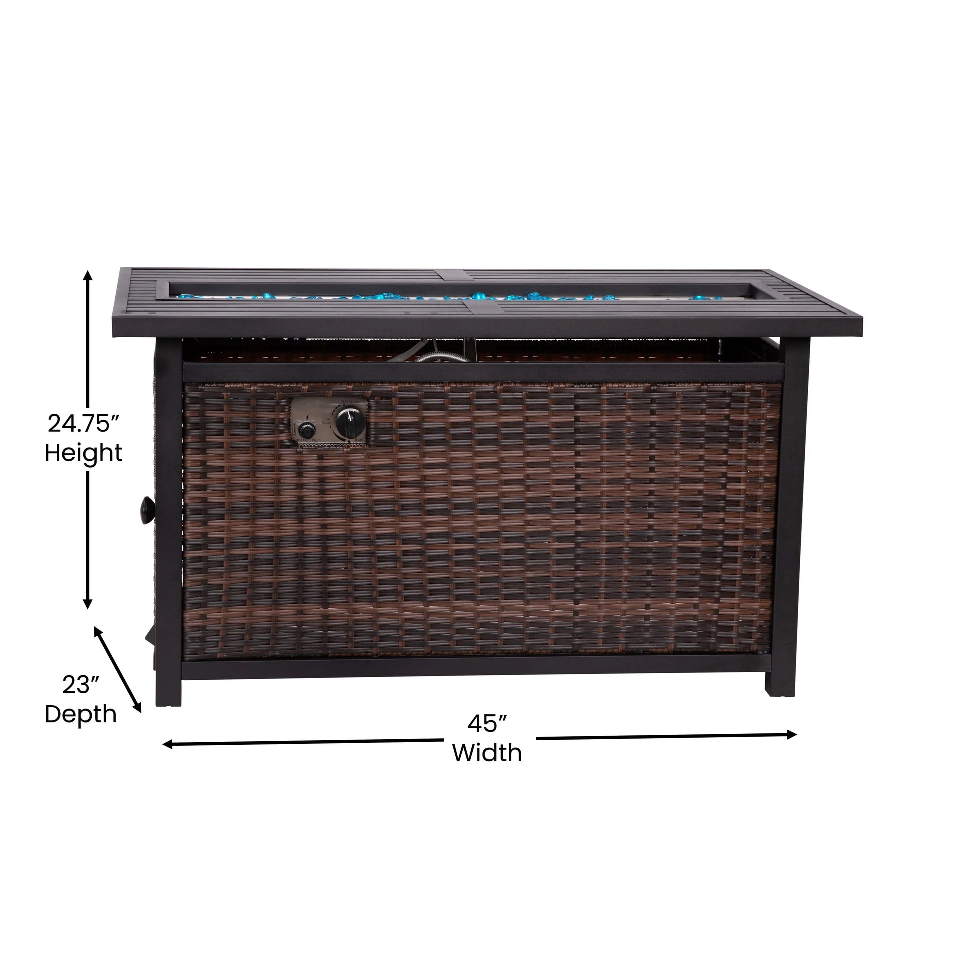 Flash Furniture Olympia 45" x 25" Outdoor Propane Gas 50,000 BTU Fire Pit Table with Stainless Steel Tabletop, Lid, Glass Beads, Wicker Base-Espresso/Black