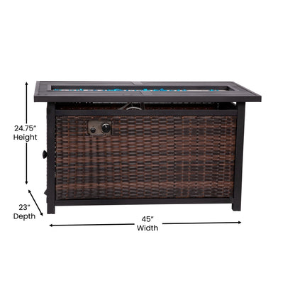 Flash Furniture Olympia 45" x 25" Outdoor Propane Gas 50,000 BTU Fire Pit Table with Stainless Steel Tabletop, Lid, Glass Beads, Wicker Base-Espresso/Black