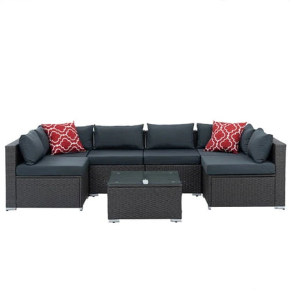 Wicker Patio Sofa Sets, 7 Pieces Outdoor Seating Sets, Lounge Sofa and Tempered Glass Coffee Table, Deck Front Garden Furniture Set, Brown Rattan + Beige Cushion