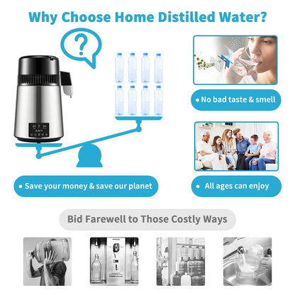 BENTISM 4L 750W Water Distiller with Dual Temp Display & Glass Carafe, Silver