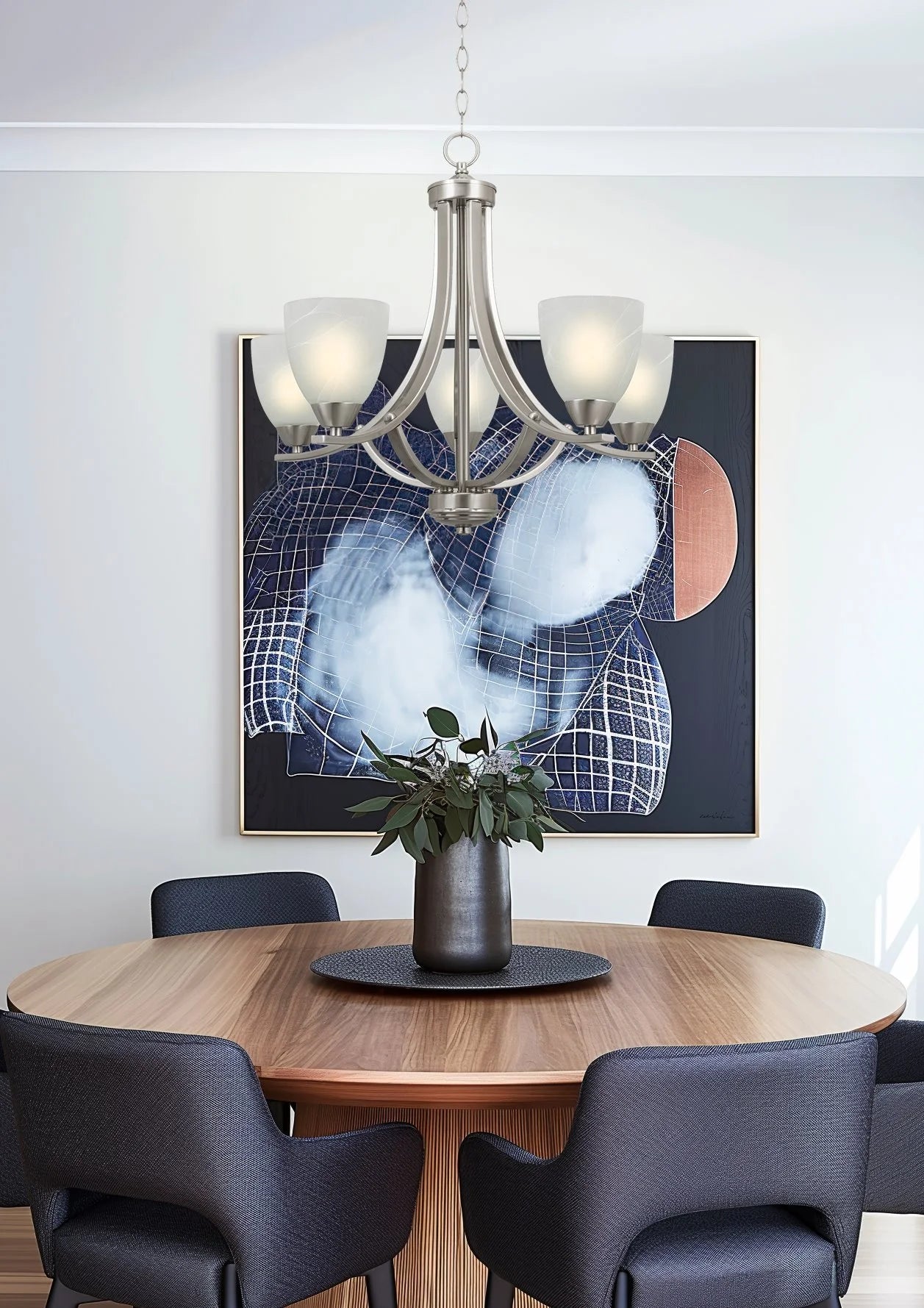 Kira Home Weston 24" 5-Light Hanging Chandelier + Alabaster Glass Shades, Adjustable Chain, Brushed Nickel