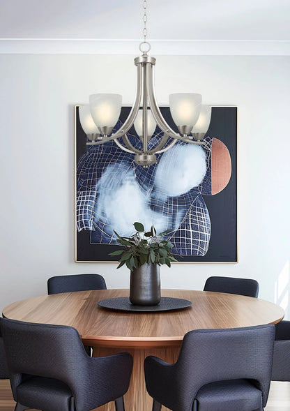 Kira Home Weston 24" 5-Light Hanging Chandelier + Alabaster Glass Shades, Adjustable Chain, Brushed Nickel