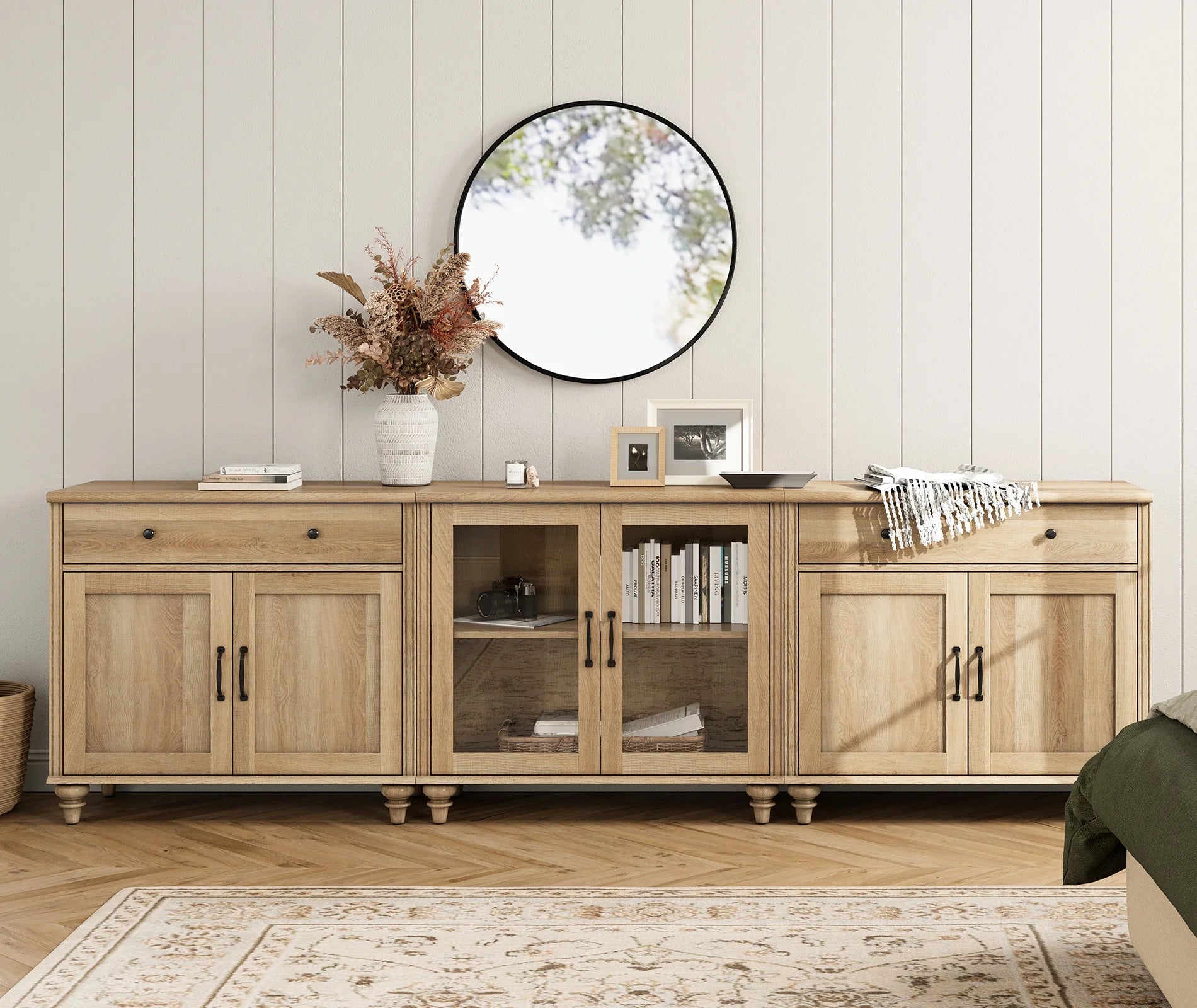 TV Stand for 100 Inch TV, 3-in-1 TV Console Table for 75/80/85/90 Inch TV, Farmhouse Entertainment Center with Glass & Wooden Door, Kitchen Sideboard Buffet Cabinet for Dining Room, Oak