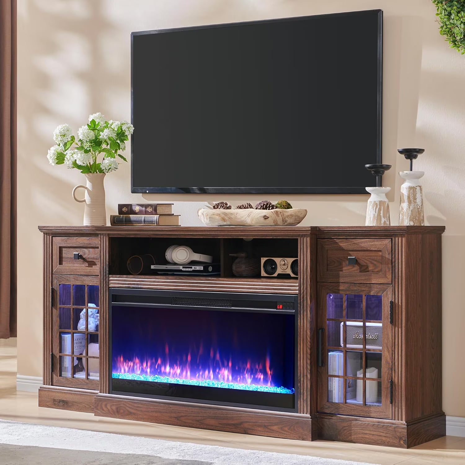 T4TREAM Fireplace TV Stand for 80 Inch TV, Farmhouse Highboy Entertainment Center with 36" Electric Fireplace, LED Lights, Glass Door Cabinet & Storage Drawer, White