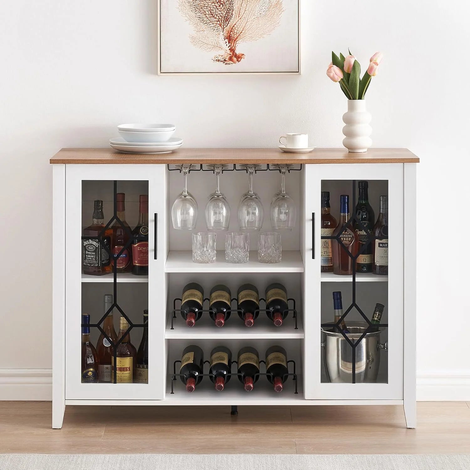 FOLDLIFE Wine Bar Cabinet with LED Lights, Liquor Cabinet Bar with Storage Cabinet, Coffee Cabinet with Bottles and Glass Rack, Buffet Sideboard with Storage Cabinet& Drawers,Dark Grey
