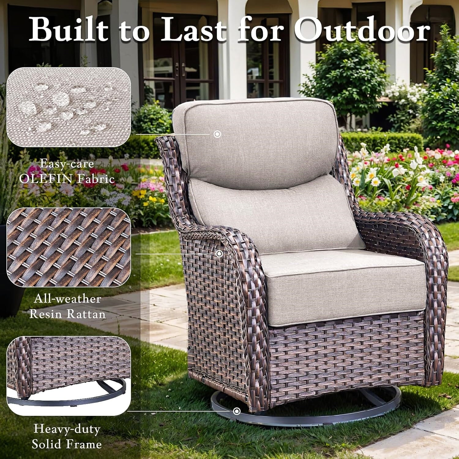 Bellefurn Luxury Outdoor Patio Furniture Set,Swivel Rocker Patio Chairs with 6-inch Thick Cushion,Patio Sofa and Glass Coffee Table,Outdoor Conversation Set for Porch, Deck, Yard