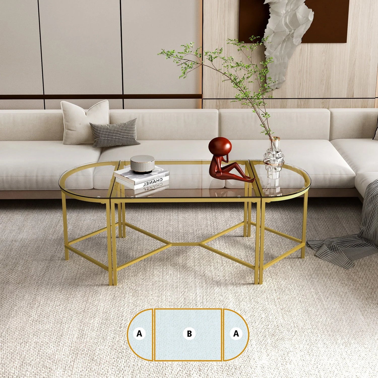 Homy Casa Glass Gold Coffee Table 2-Piece Table Set, Round Glass Nesting Table with Gold Frame for Living Room