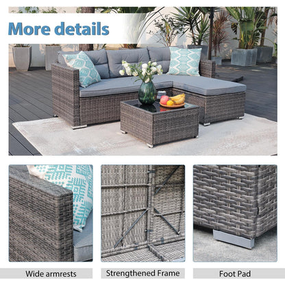 JOIVI 3 Pieces Patio Conversation Set, PE Wicker Rattan Outdoor Furniture Set, 2 Ways Small Sectional Sofa, Tempered Glass Coffee Table, Silver-Gray