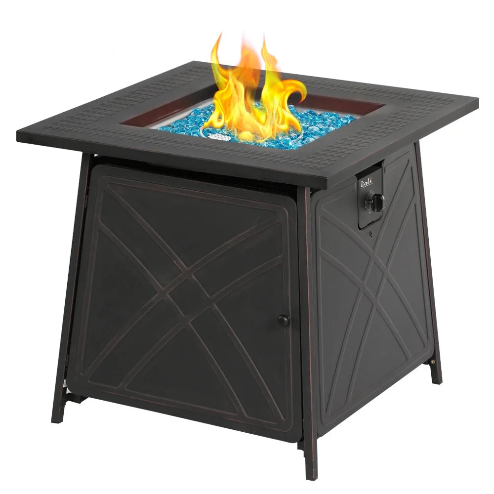 BALI OUTDOORS 28"Outdoor Propane Fire Pit Gas Table Square Fireplace Blue Glass