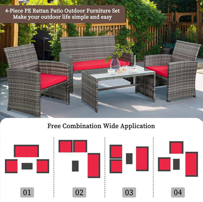 4-Piece Outdoor Gray Wicker Patio Conversation Furniture Set, Rattan Patio Furniture Set with Weather Resistant Cushions and Tempered Glass Tabletop,Red