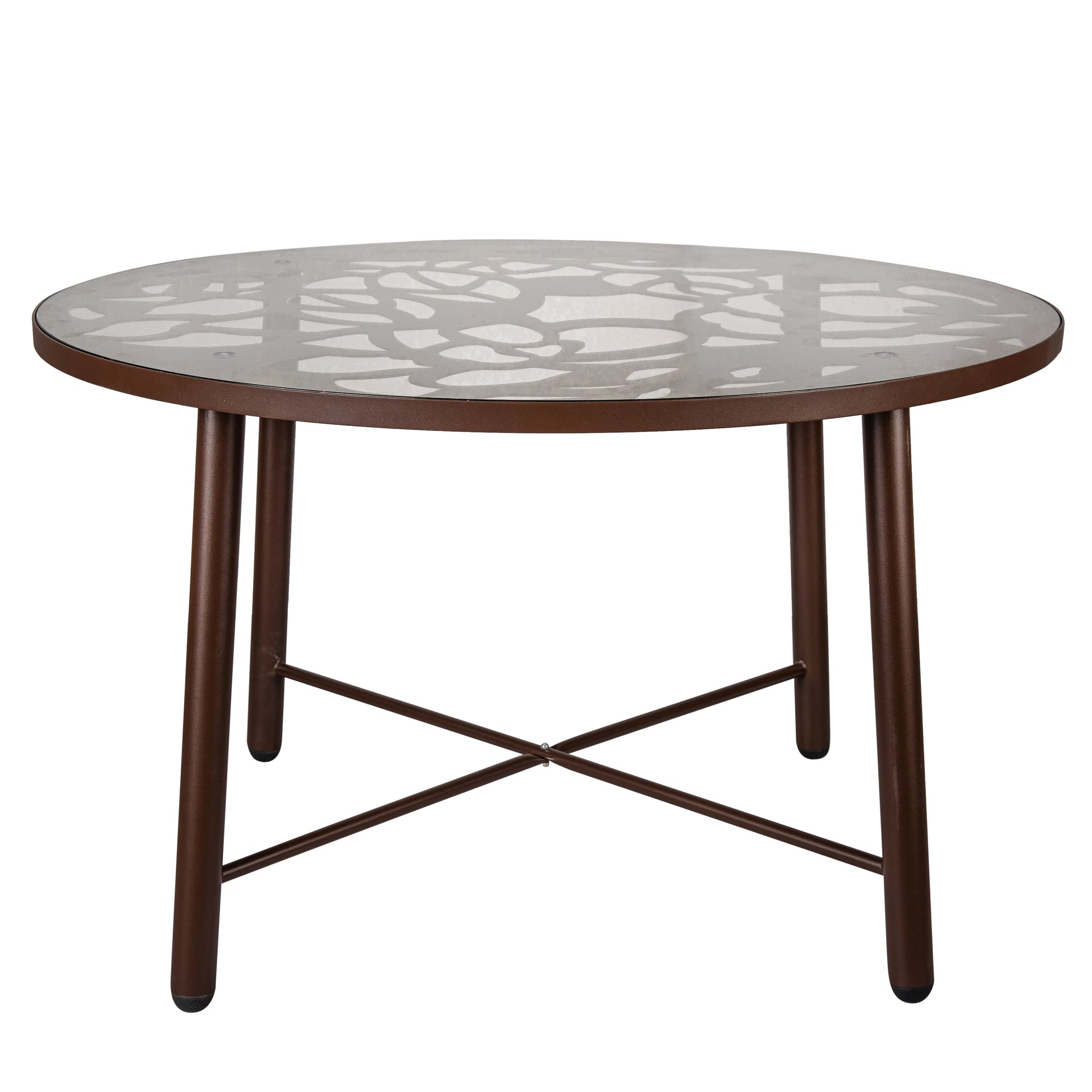 LeisureMod Dining Table in Aluminum with Tempered Glass Top and Floral Cutout Design Painted Finish Indoor and Outdoor Use for Modern Home, Patio, Backyard, Living Room Devon Collection in Brown