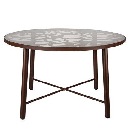 LeisureMod Dining Table in Aluminum with Tempered Glass Top and Floral Cutout Design Painted Finish Indoor and Outdoor Use for Modern Home, Patio, Backyard, Living Room Devon Collection in Brown