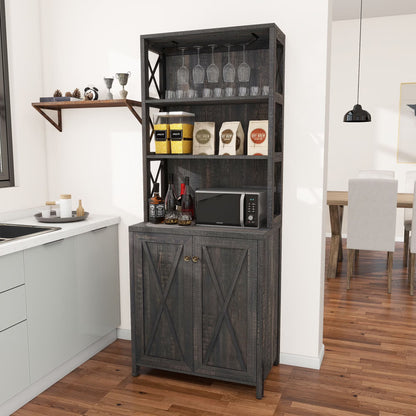 DEXTRUS Bar Cabinet with Glasses Holder, Tall Liquor Sideboard Buffet, Living Room, Dark Rustic Oak