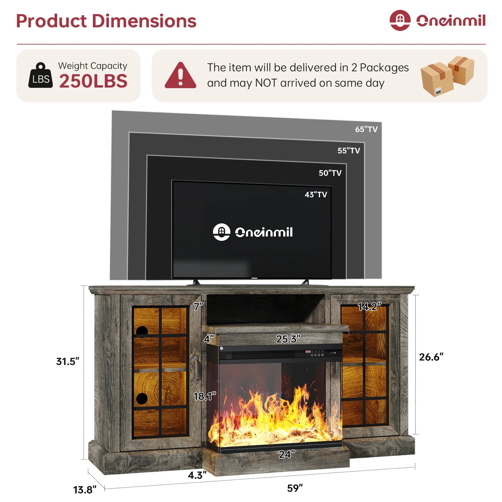Easoger Fireplace TV Stand for TVs up to 65", 12 Flame Colors&12 LED Light Colors, TV Console with 3-Sided Glass Fireplace, for Living Room, Gray
