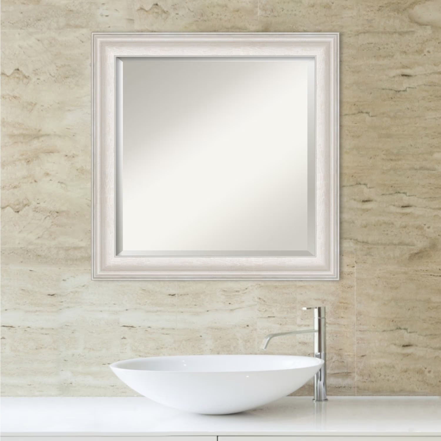 Amanti Art Wall Mounted Framed Vanity Mirror, Glass Size 40x30, Trio White Wash Silver