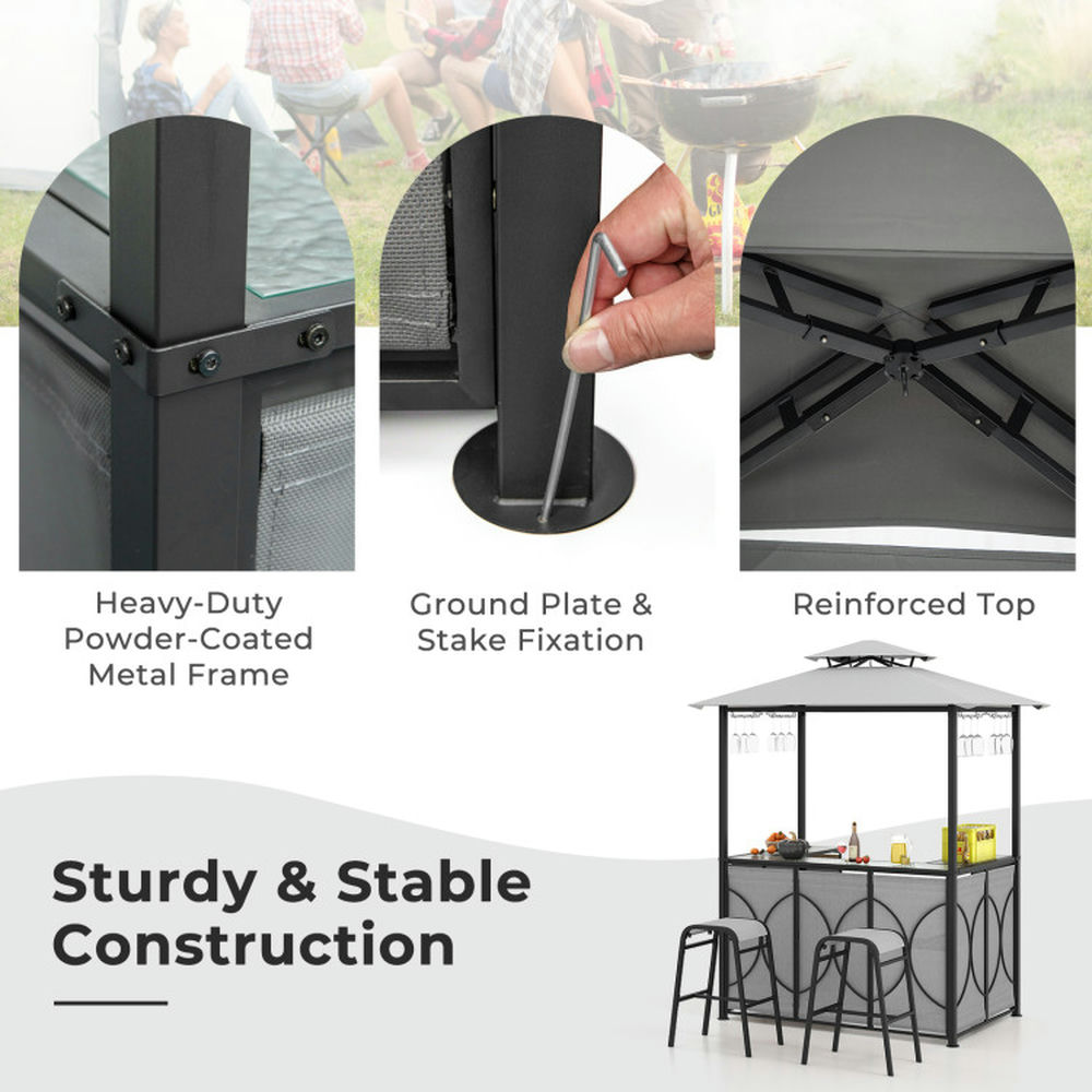 Spaco 3-Piece Patio Bar Set with A Heat-Resistant Tempered Glass Top, Grill Gazebo & 2 Bar Stools with Tempered Glass Bar Table, Bar Set for Outdoor, Brown