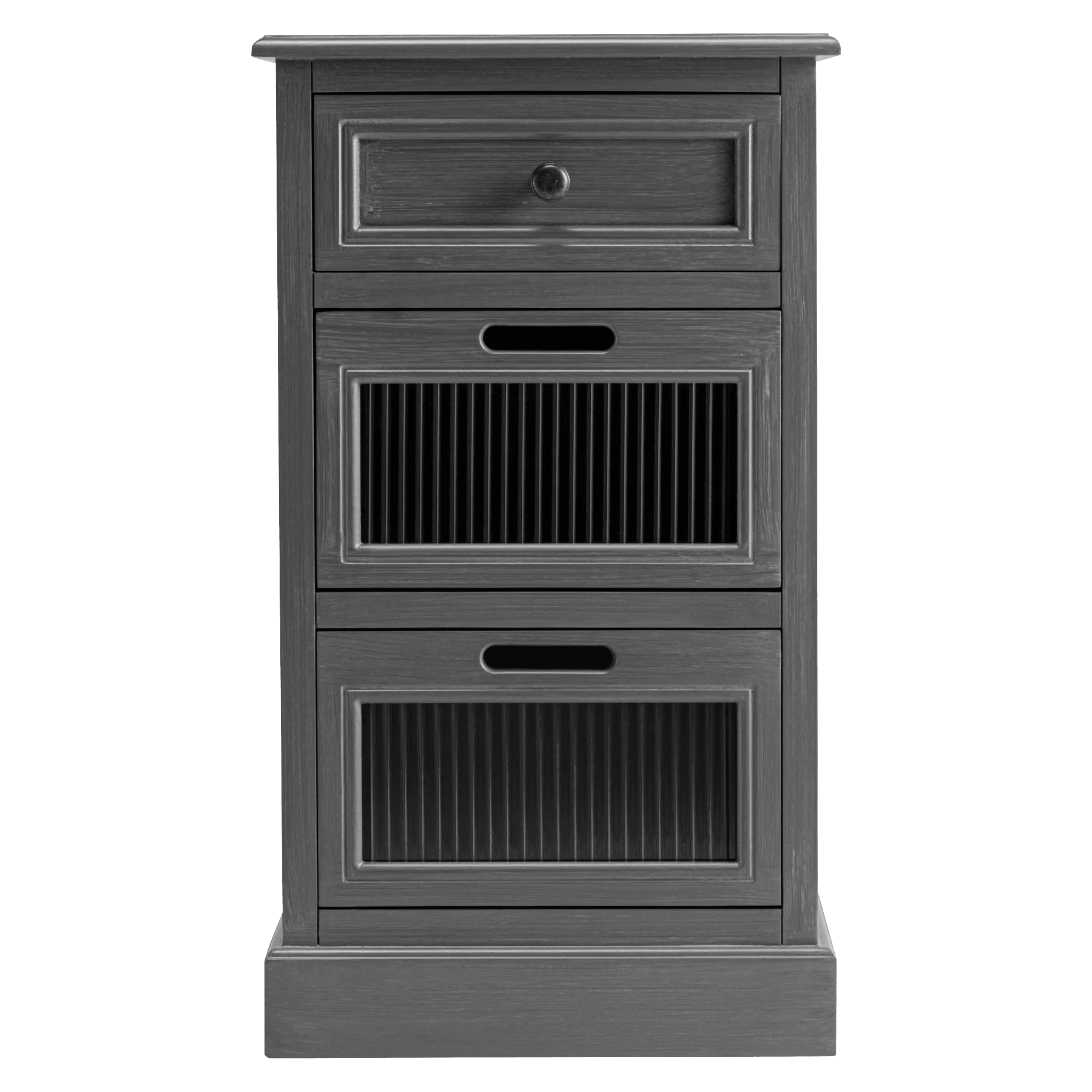 COZAYH Mid Century Modern Nightstand, Fully Assembled Nightstand with 3 Reeded Glass Front Drawers, Distressed Gray Nightstand with Antique Brass Knob and Metal Glide, 27.5°?Tall