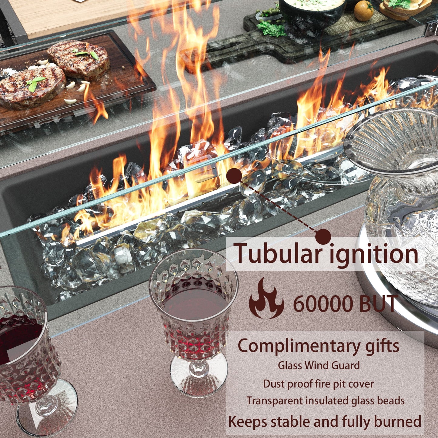 Wallowsun Outdoor Metal Fire Pit Table,40.5-inch Rectangle Red Brown Fire Pit Outdoor Companion,60000 BTU Auto-Ignition w Glass Wind Guard,Internal 20lb Propane Tank, Dust Cover